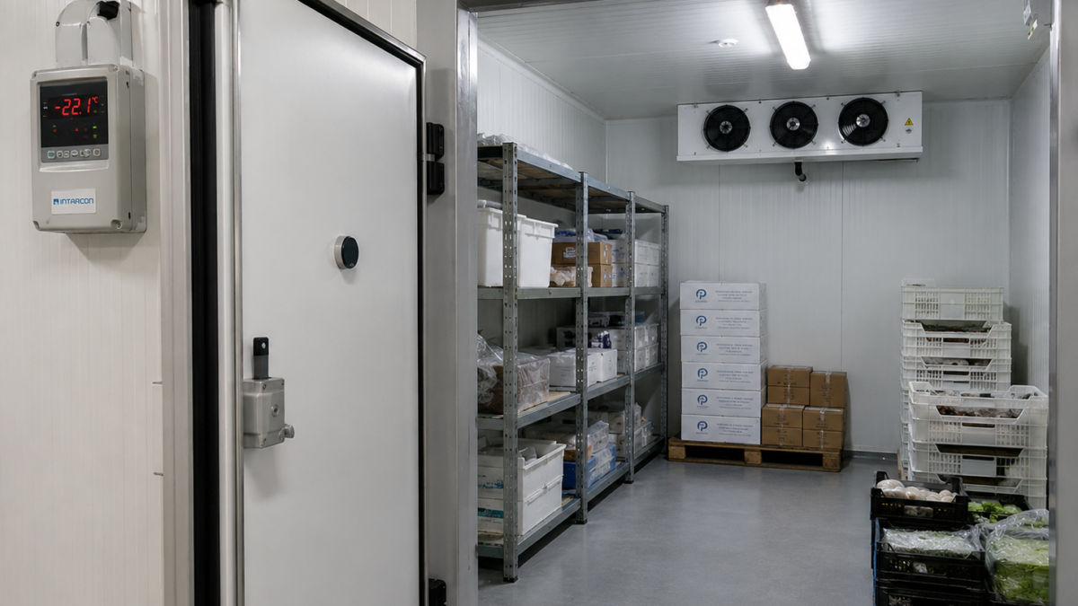 Interior de cámara frigorífica industrial con equipo de frío y almacenamiento a -22 °C en Granada