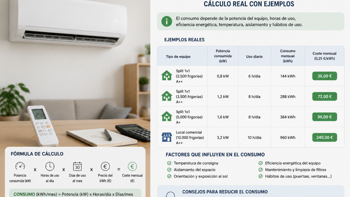 ¿Cuánto consume un aire acondicionado al mes? Cálculo real con ejemplos — instalación climatización Granada